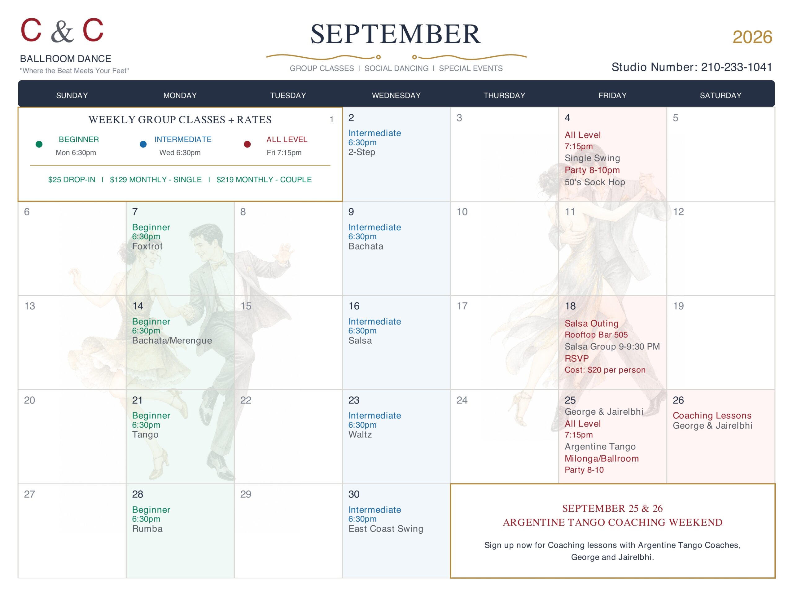 September 2026 C&C Ballroom Dance group class and party calendar