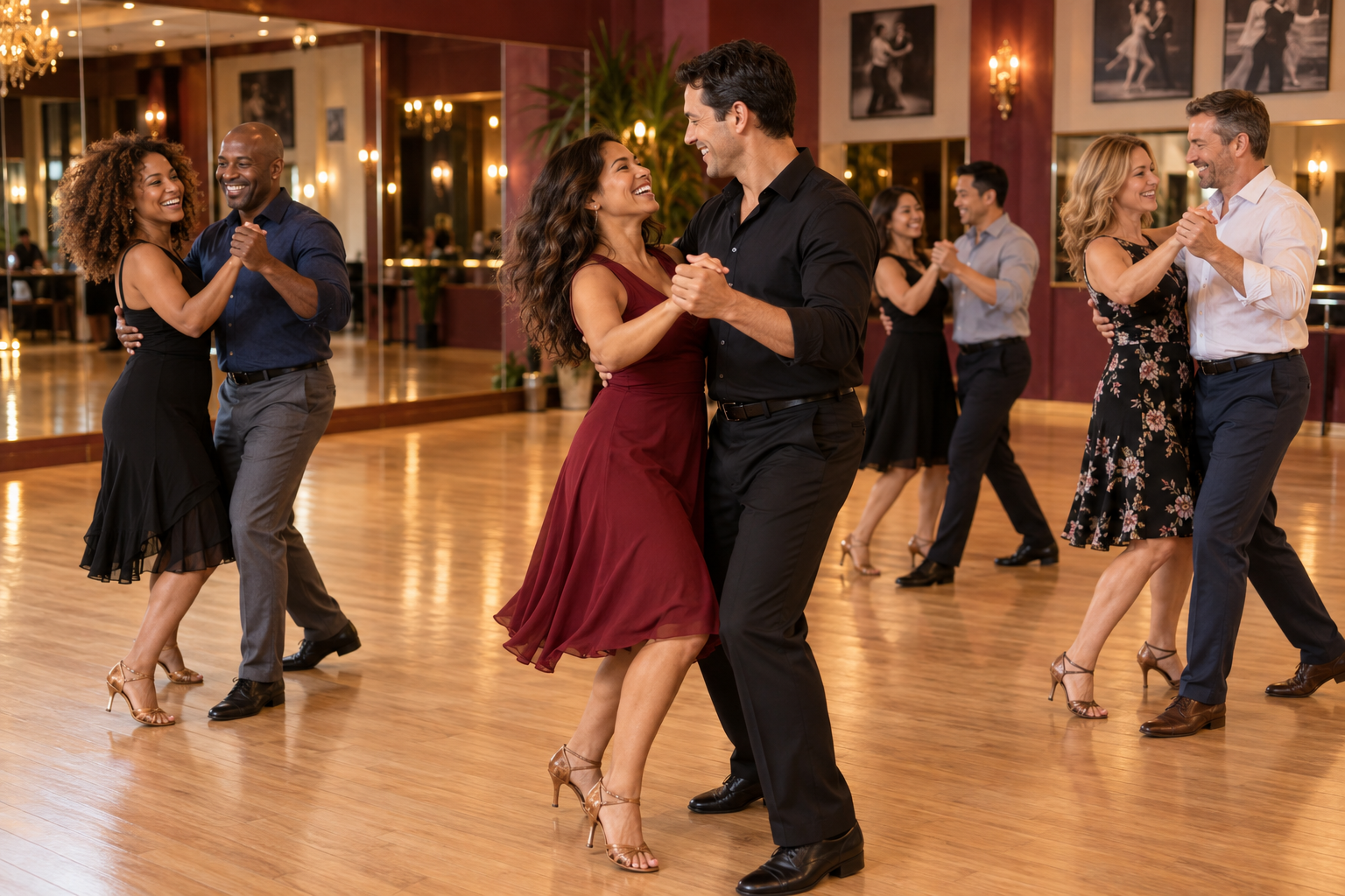 Friends enjoying a couples group date night at a dance studio