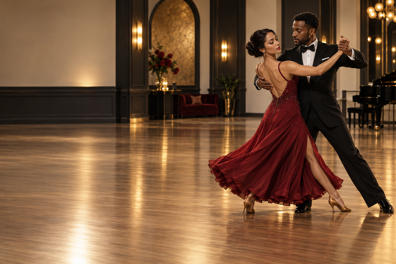 A couple dancing during a private ballroom lesson
